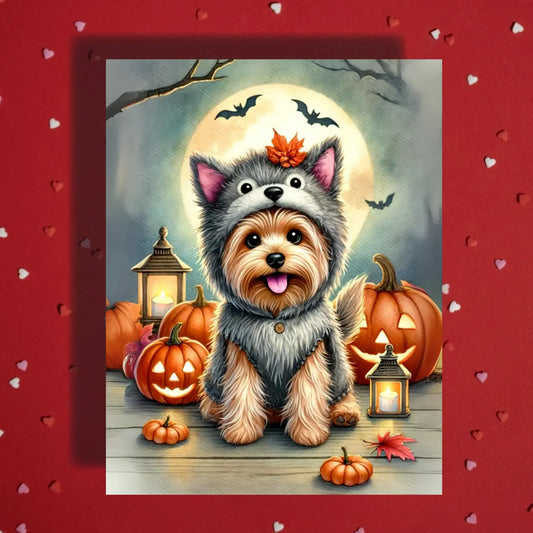 Halloween Yorkie Card Wolf Costume Yorkshire Terrier Fall Pumpkin Greeting