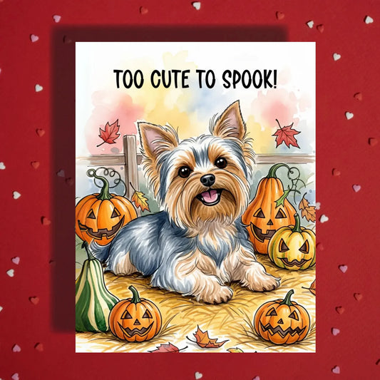 Halloween Yorkie Card Too Cute to Spook Yorkshire Terrier Pumpkin Fall Greeting