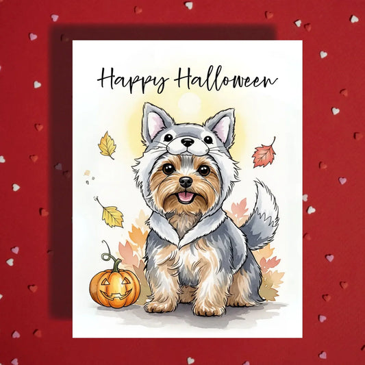 Halloween Yorkie Card Wolf Costume Yorkshire Terrier Pumpkin Fall Greeting