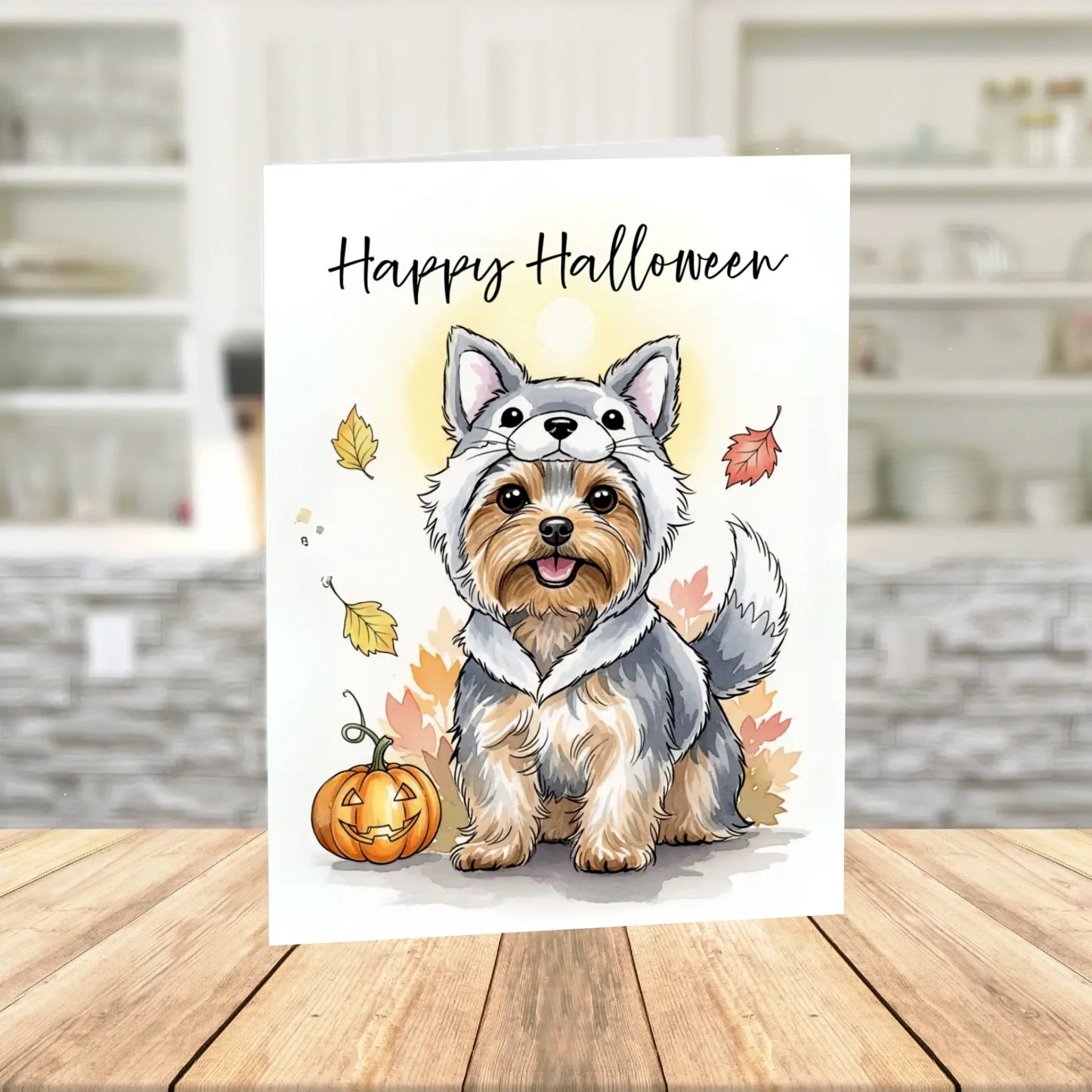Halloween Yorkie Printable Card Wolf Costume Yorkshire Terrier Fall Digital Download