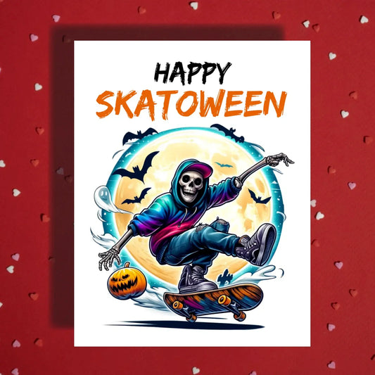 Halloween Happy Skatoween Card, Skateboard Skeleton Fall Card, Skateboarder Spooky Skate Card