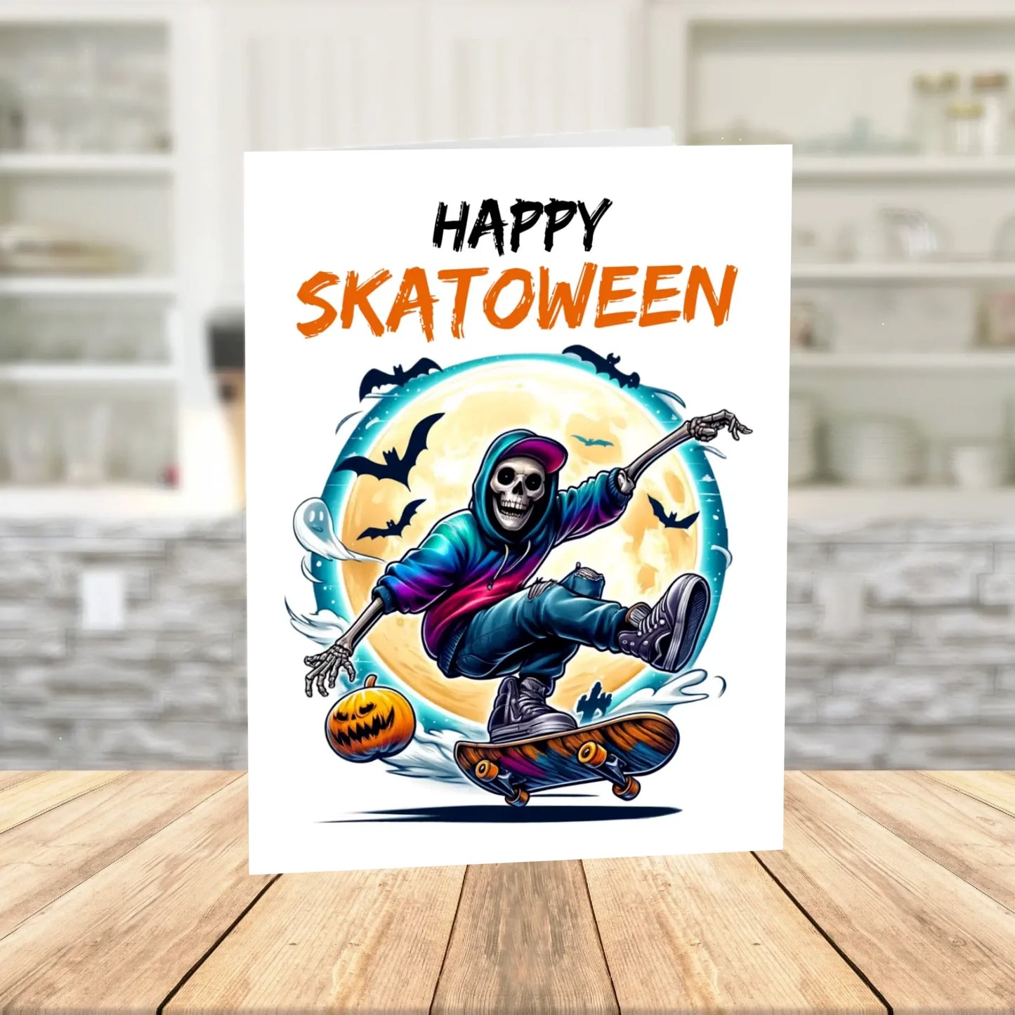 Halloween Happy Skatoween Card, Skeleton Skateboard Digital Card, Skateboard Halloween Printable