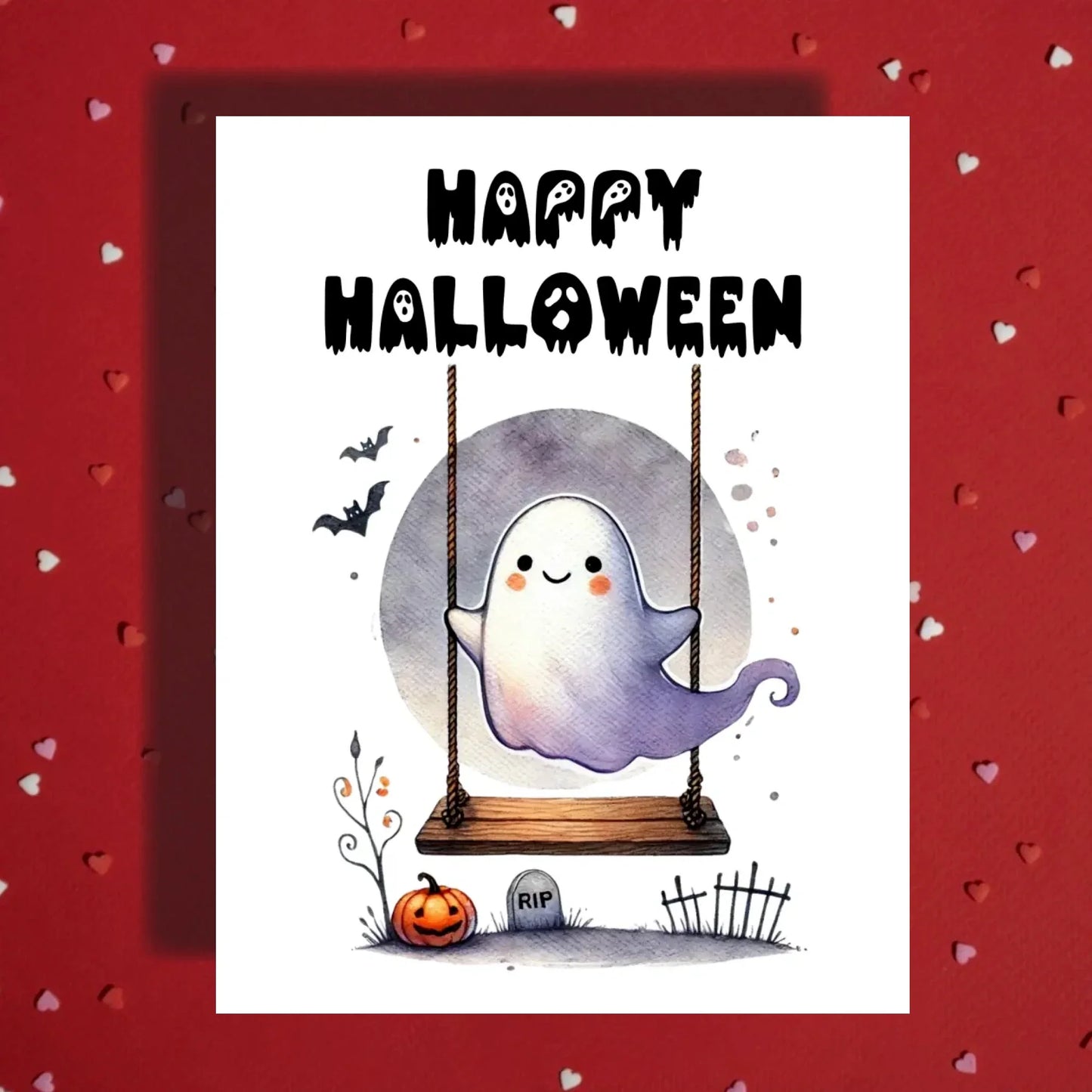Halloween Cute Ghost Halloween Card Watercolor Ghost On Swing Happy Halloween Greeting Card