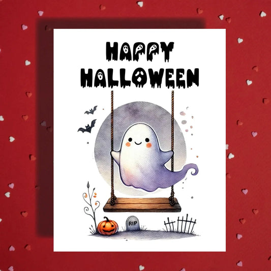 Halloween Cute Ghost Halloween Card Watercolor Ghost On Swing Happy Halloween Greeting Card