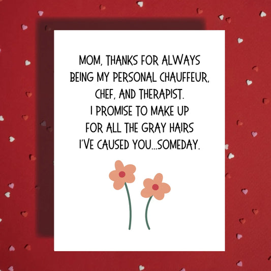 Mom Card Chauffeur Chef Therapist Mothers Day Card From Son Or Daughter