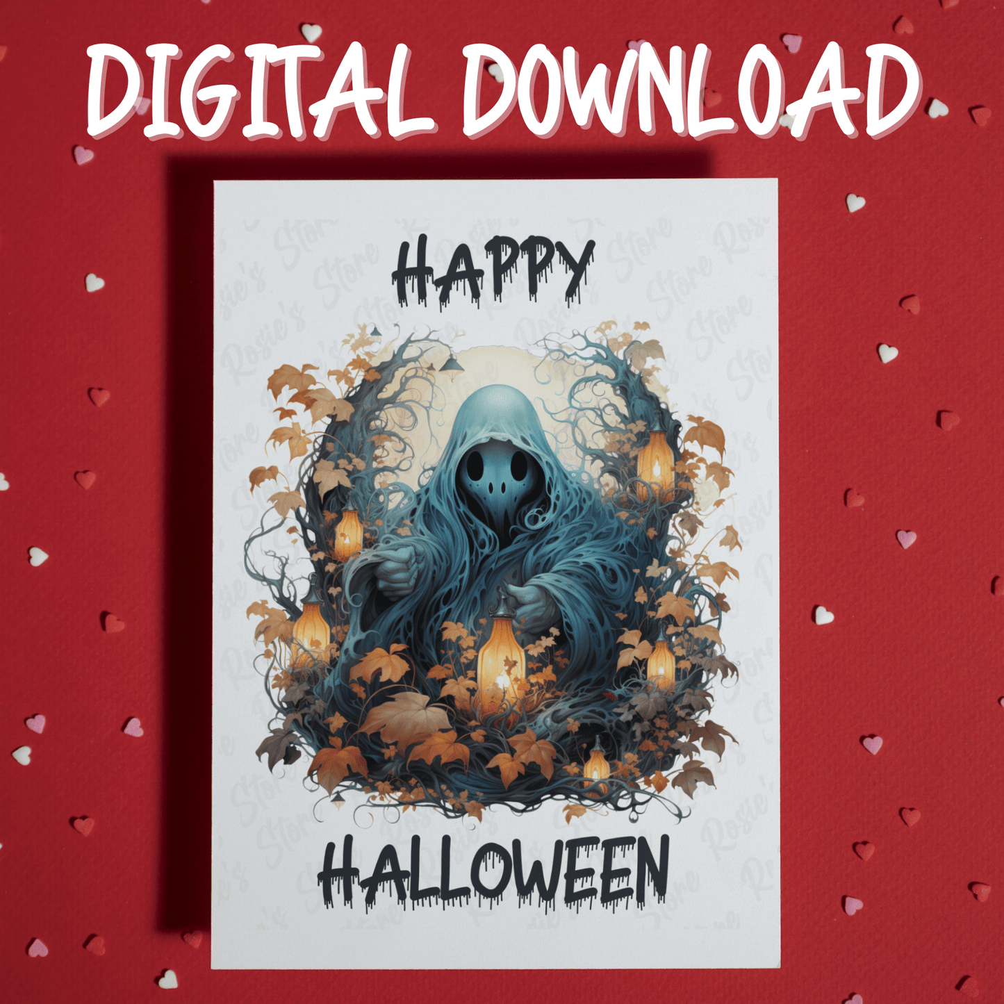 Halloween, Ghost And Lanterns Digital Greeting Card