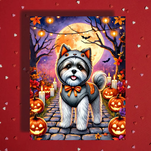 Halloween Shih Tzu Card Wolf Costume Dog Fall Pumpkin Moon Greeting