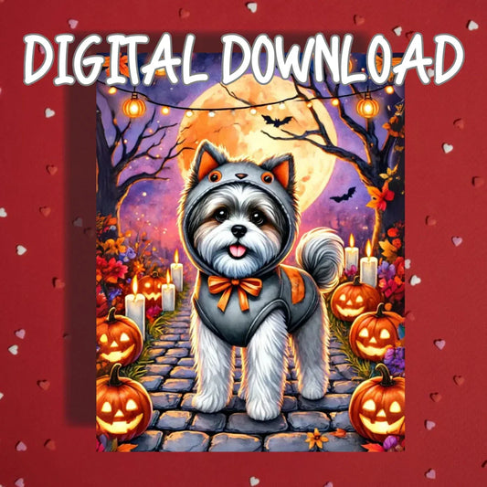 Halloween Shih Tzu Printable Card Wolf Costume Dog Fall Moon Digital Download
