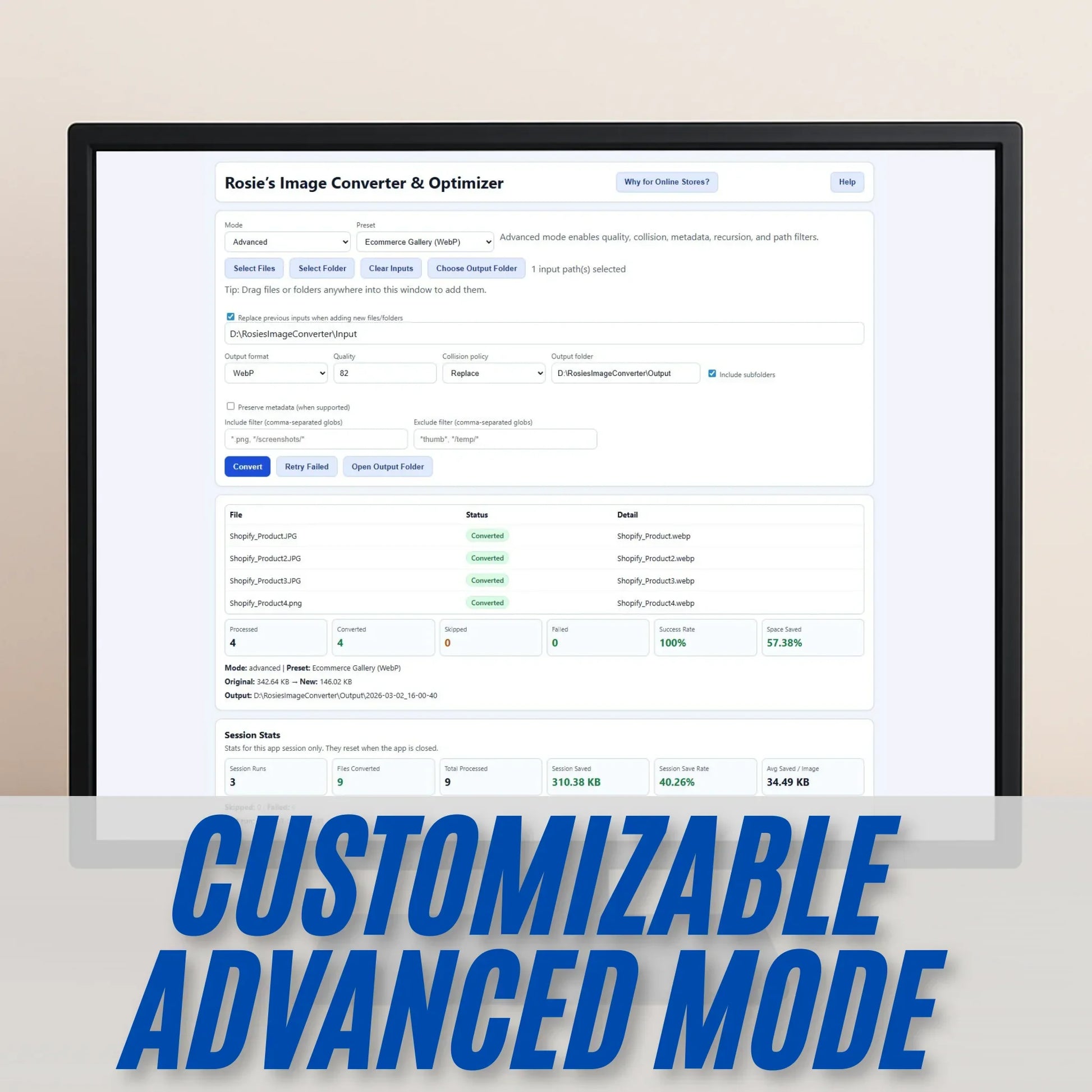 Computer screen displaying an image conversion tool with text 'Customizable Advanced Mode' below.