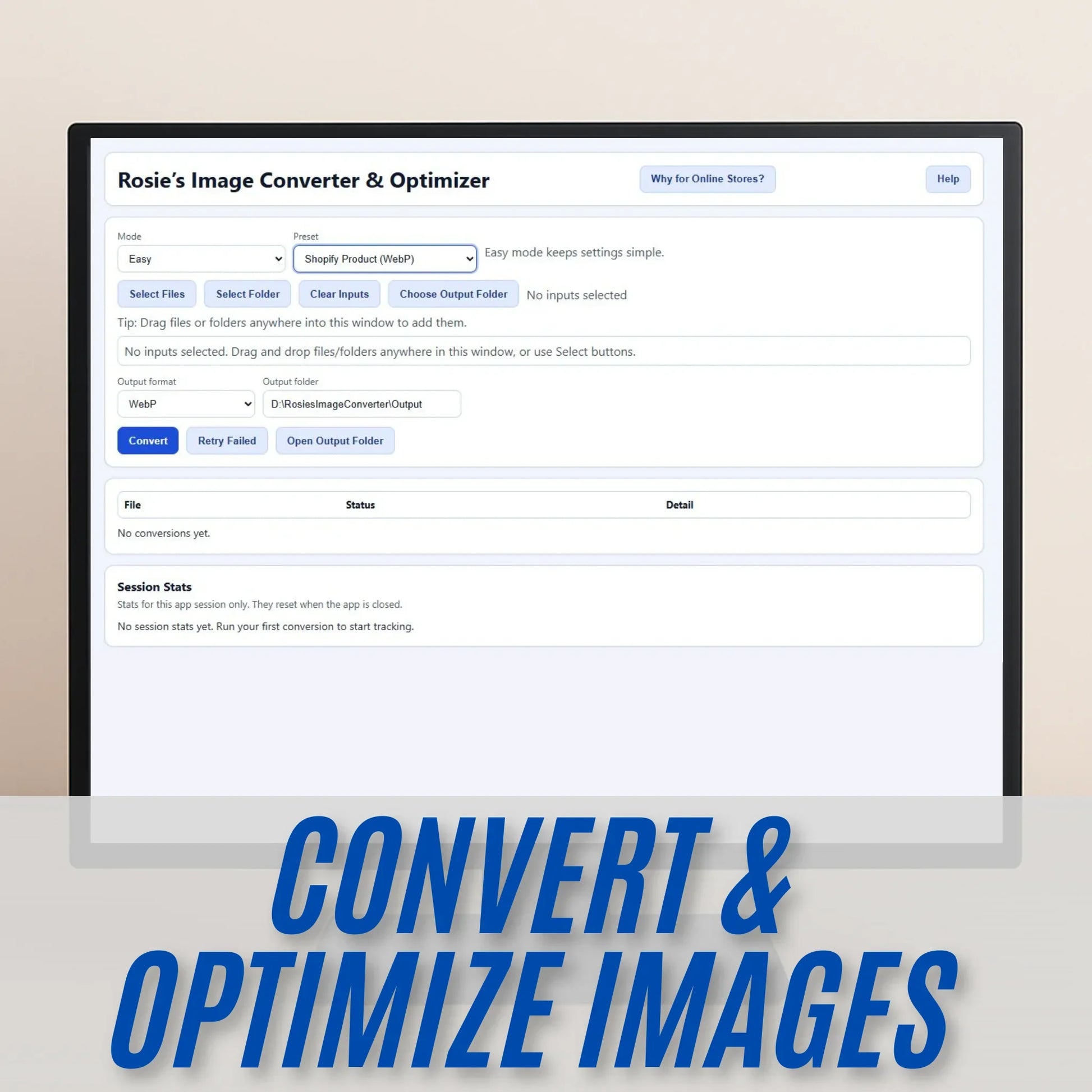 Computer screen displaying 'Rosie's Image Converter & Optimizer' with text 'Convert & Optimize Images'.