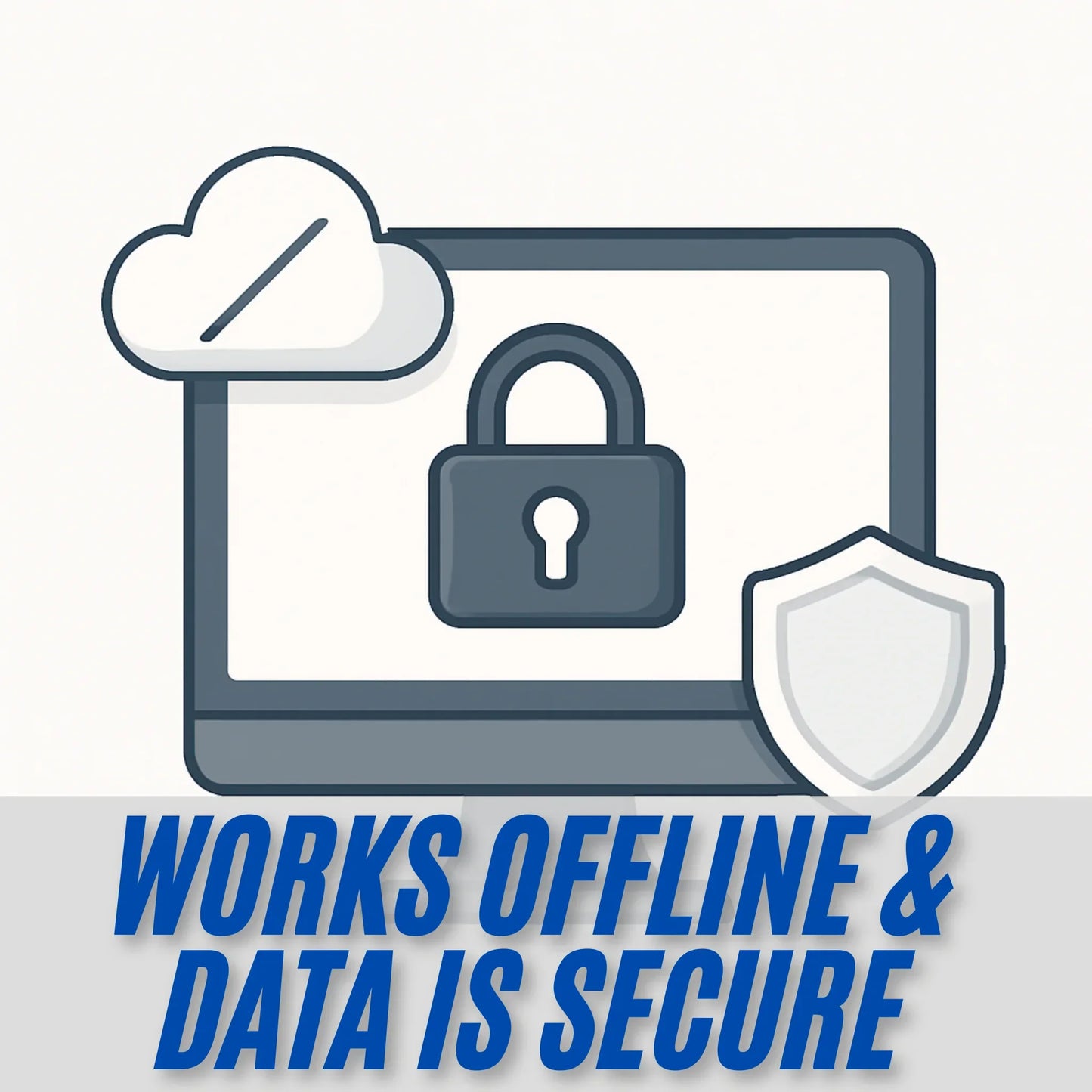 Icon of a laptop with a cloud, lock, and shield, indicating offline work and data security.