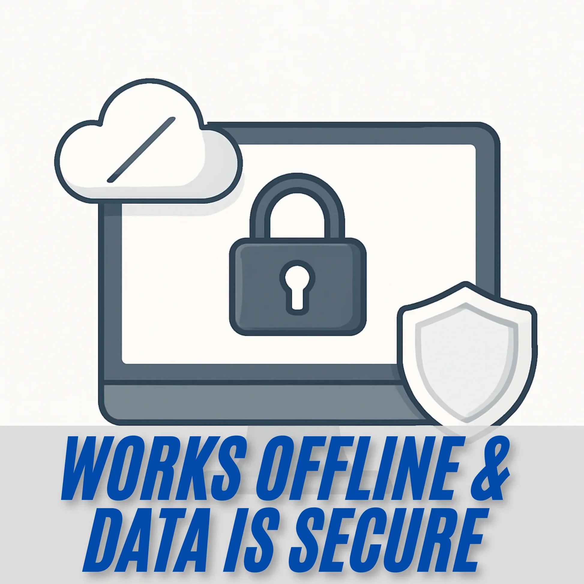 Icon of a laptop with a cloud, lock, and shield, indicating offline work and data security.