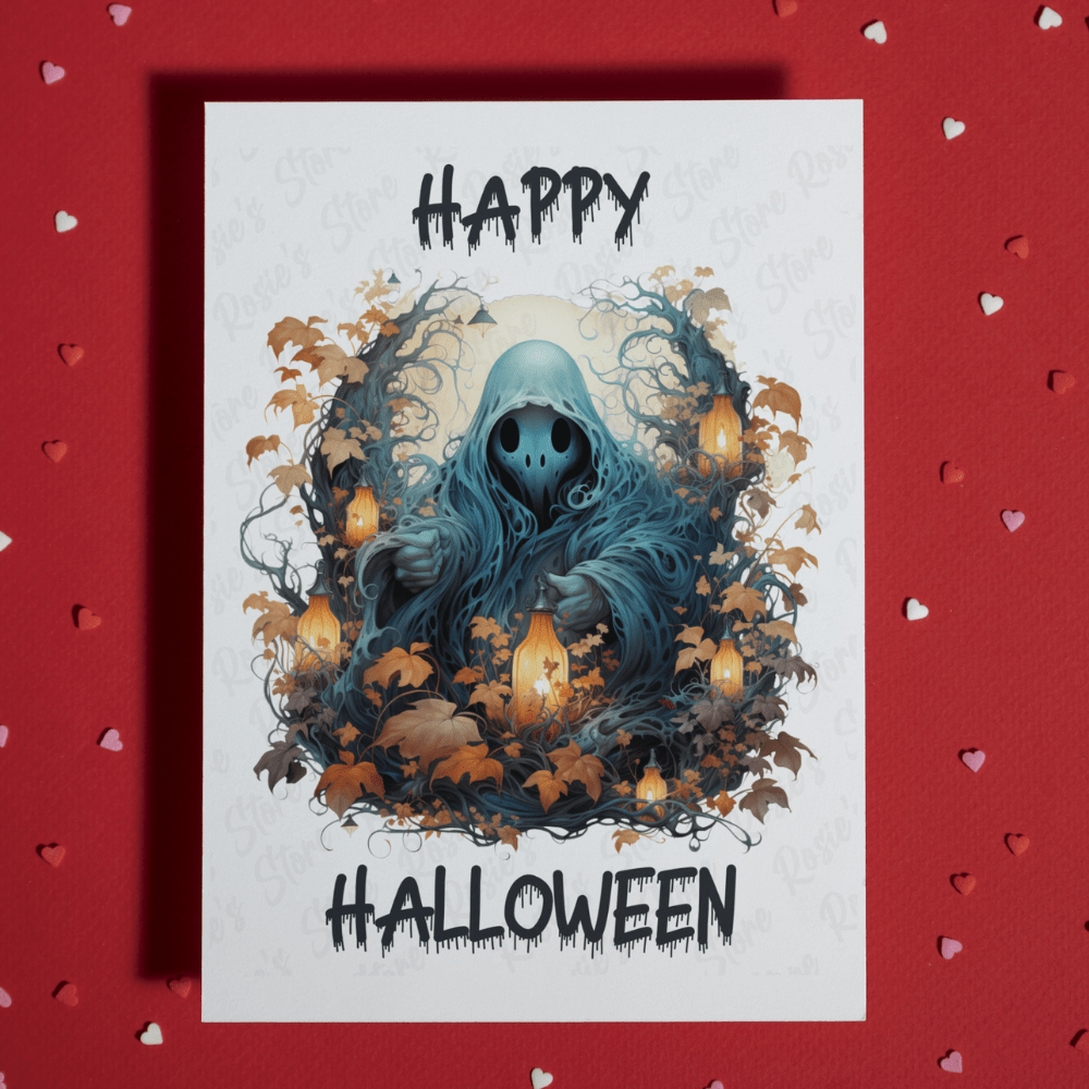 Halloween, Ghost And Lanterns Greeting Card