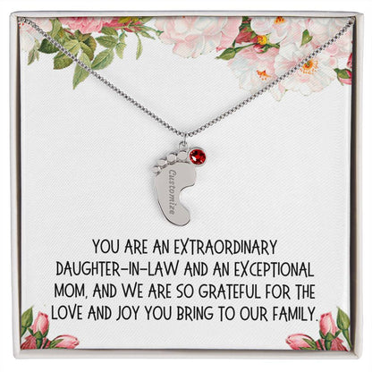 Daughter-in-Law Gift, Engraved Baby Feet with Birthstone Necklace: You Are An Extraordinary Daughter-in-Law