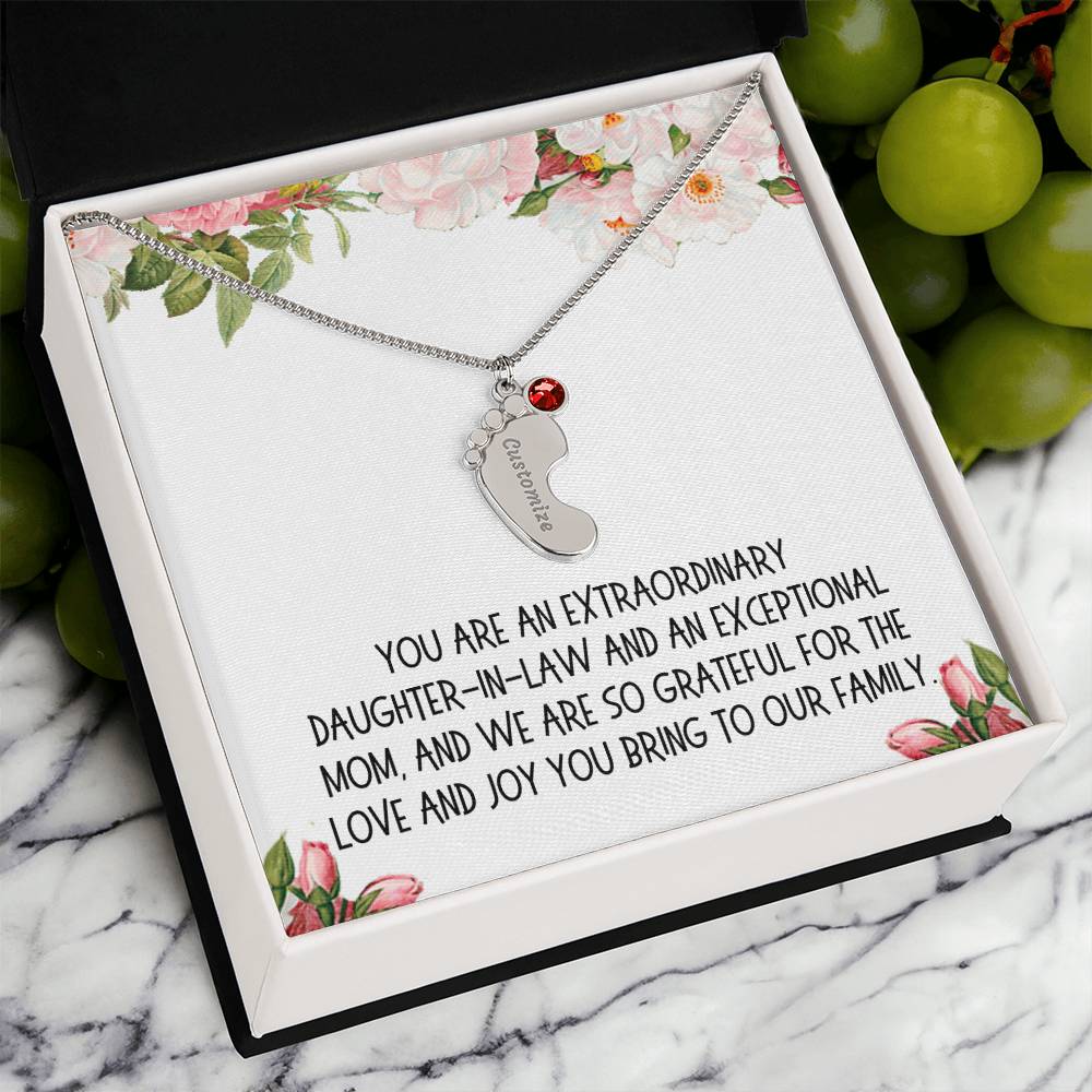 Daughter-in-Law Gift, Engraved Baby Feet with Birthstone Necklace: You Are An Extraordinary Daughter-in-Law