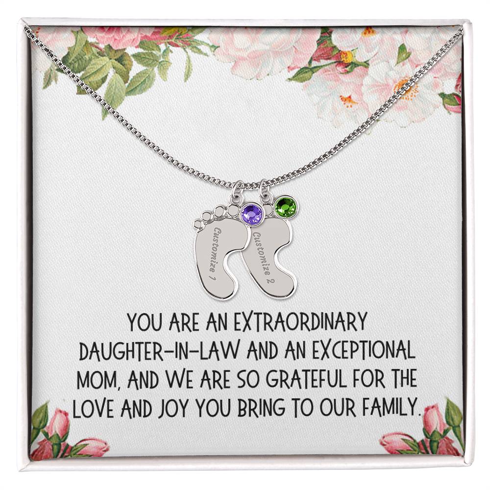 Daughter-in-Law Gift, Engraved Baby Feet with Birthstone Necklace: You Are An Extraordinary Daughter-in-Law