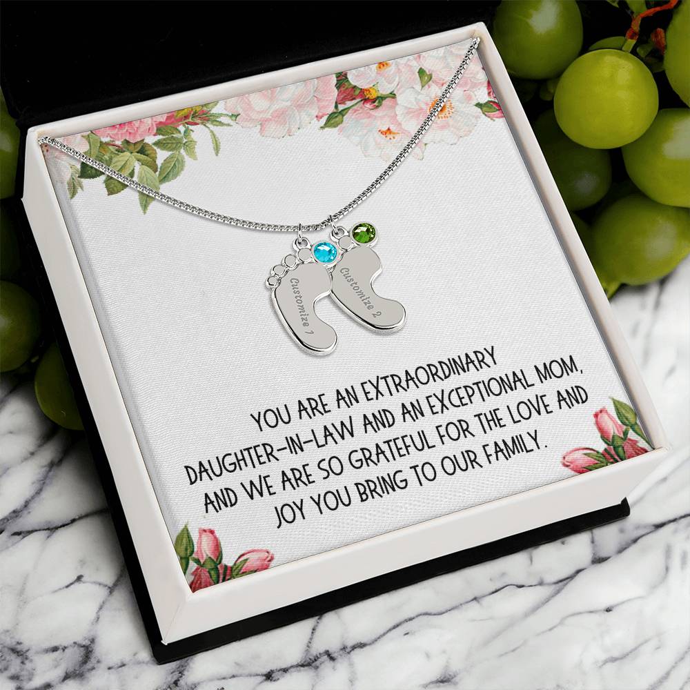 Daughter-in-Law Gift, Engraved Baby Feet with Birthstone Necklace: You Are An Extraordinary Daughter-in-Law