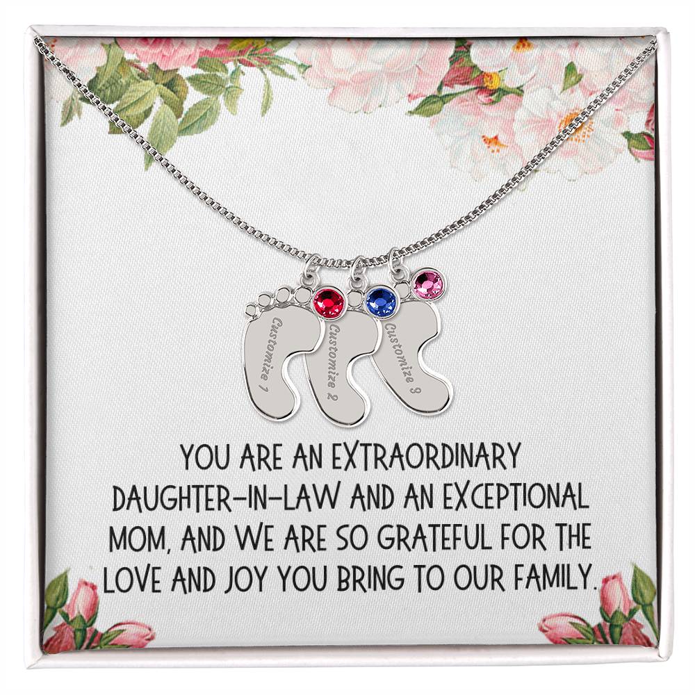 Daughter-in-Law Gift, Engraved Baby Feet with Birthstone Necklace: You Are An Extraordinary Daughter-in-Law