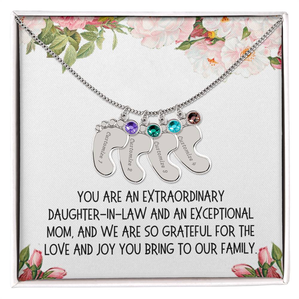 Daughter-in-Law Gift, Engraved Baby Feet with Birthstone Necklace: You Are An Extraordinary Daughter-in-Law