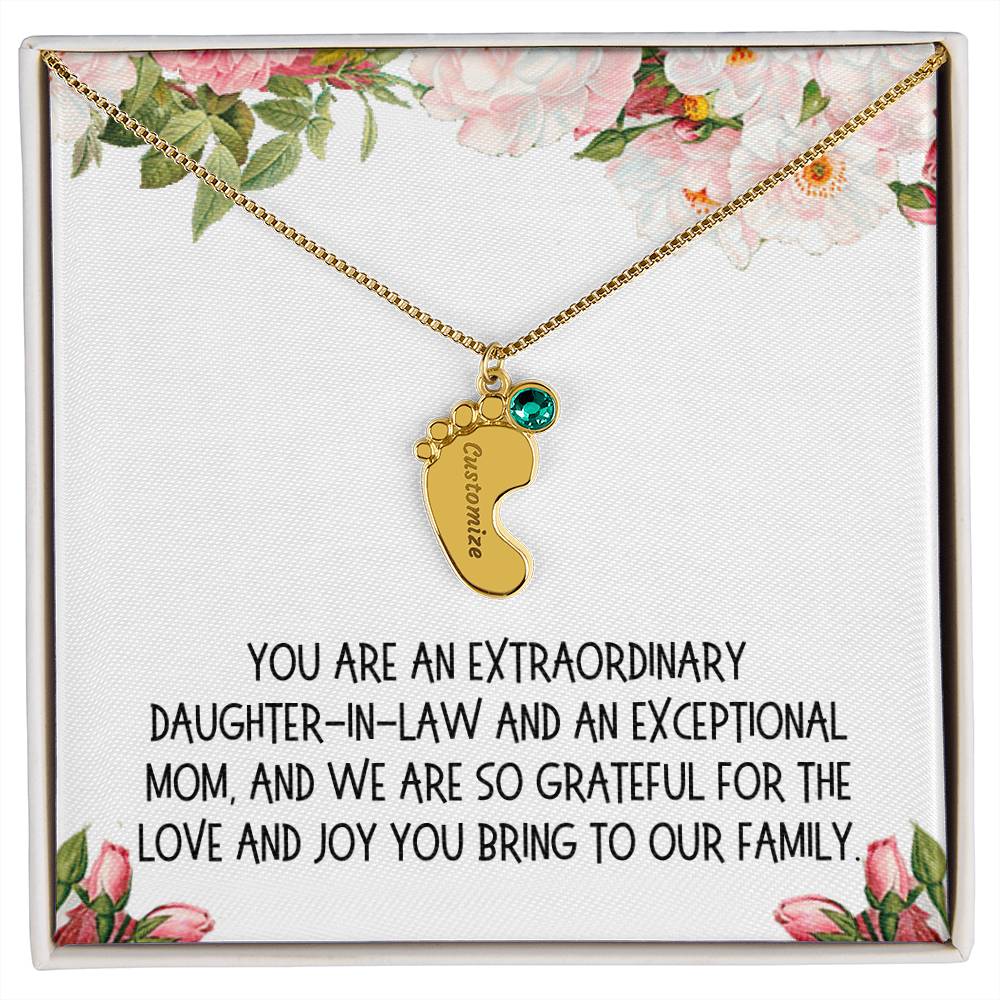 Daughter-in-Law Gift, Engraved Baby Feet with Birthstone Necklace: You Are An Extraordinary Daughter-in-Law