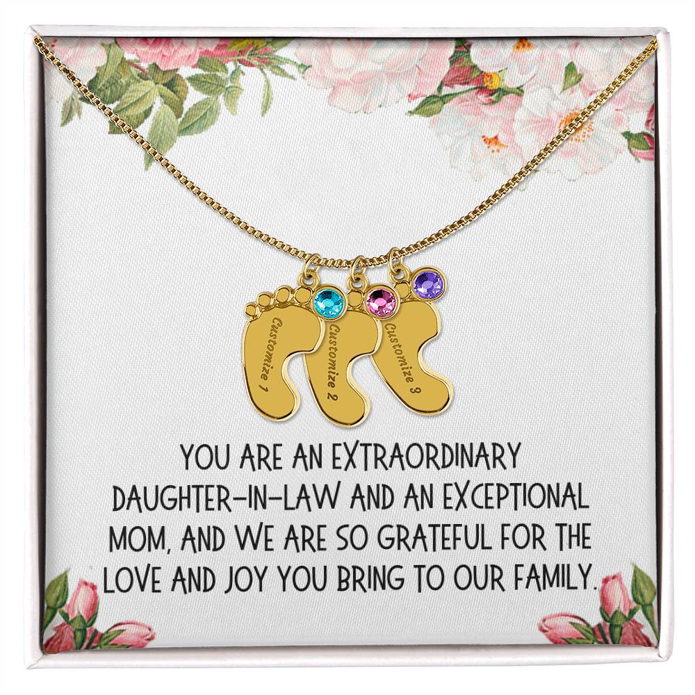 Daughter-in-Law Gift, Engraved Baby Feet with Birthstone Necklace: You Are An Extraordinary Daughter-in-Law