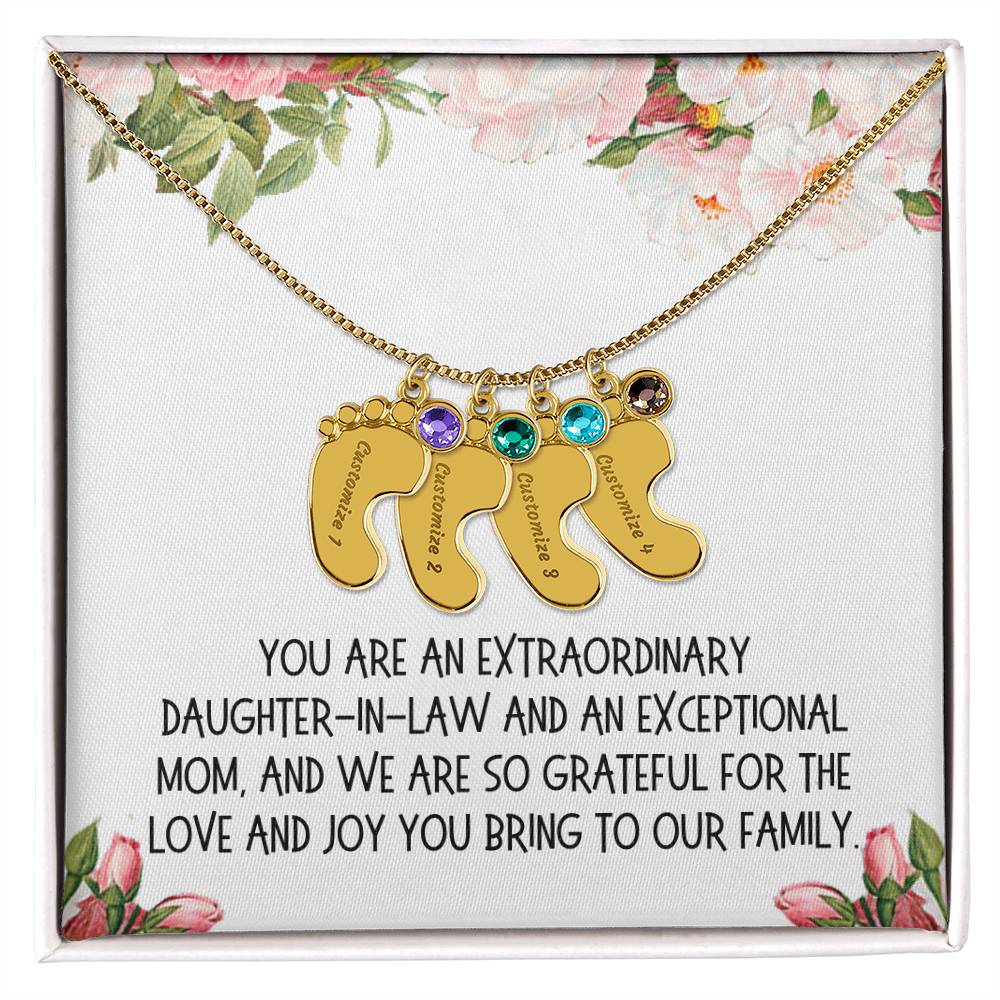 Daughter-in-Law Gift, Engraved Baby Feet with Birthstone Necklace: You Are An Extraordinary Daughter-in-Law