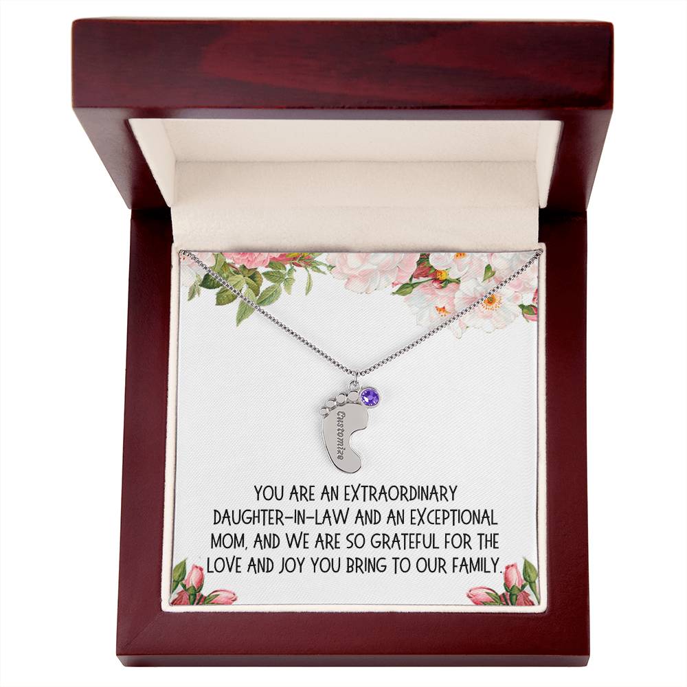 Daughter-in-Law Gift, Engraved Baby Feet with Birthstone Necklace: You Are An Extraordinary Daughter-in-Law