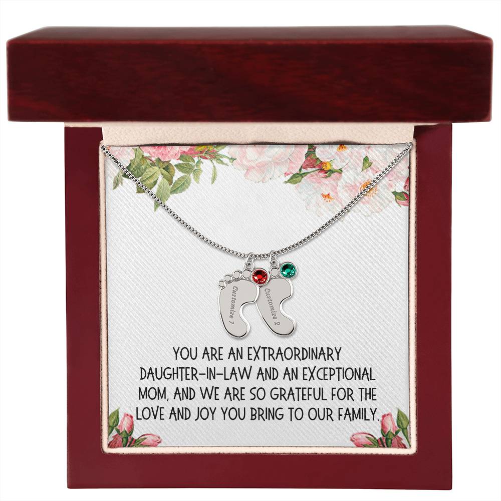 Daughter-in-Law Gift, Engraved Baby Feet with Birthstone Necklace: You Are An Extraordinary Daughter-in-Law