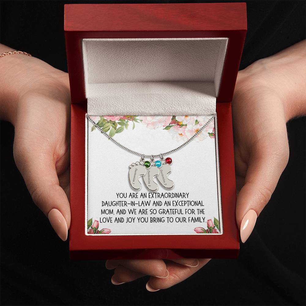 Daughter-in-Law Gift, Engraved Baby Feet with Birthstone Necklace: You Are An Extraordinary Daughter-in-Law