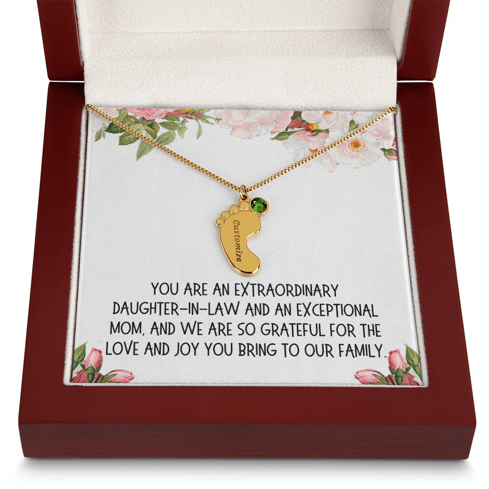 Daughter-in-Law Gift, Engraved Baby Feet with Birthstone Necklace: You Are An Extraordinary Daughter-in-Law