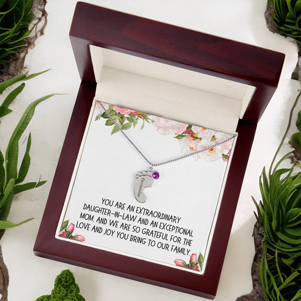 Daughter-in-Law Gift, Engraved Baby Feet with Birthstone Necklace: You Are An Extraordinary Daughter-in-Law