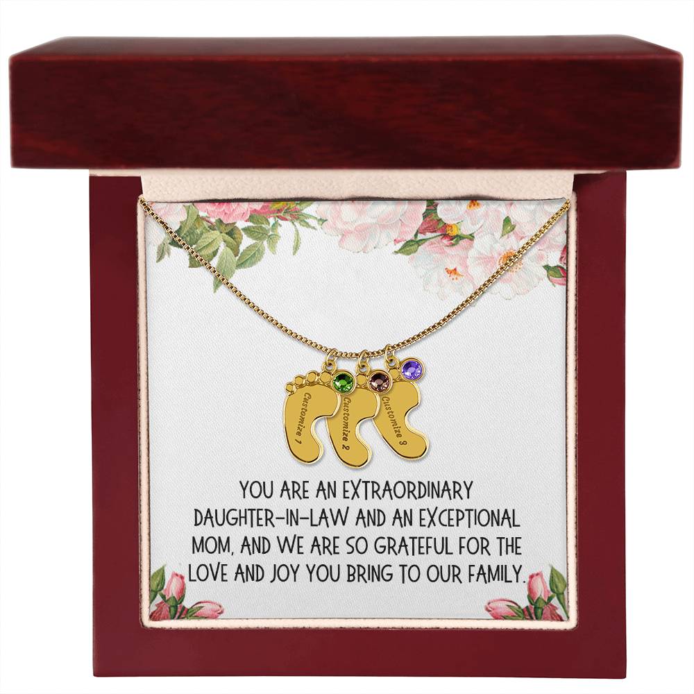 Daughter-in-Law Gift, Engraved Baby Feet with Birthstone Necklace: You Are An Extraordinary Daughter-in-Law