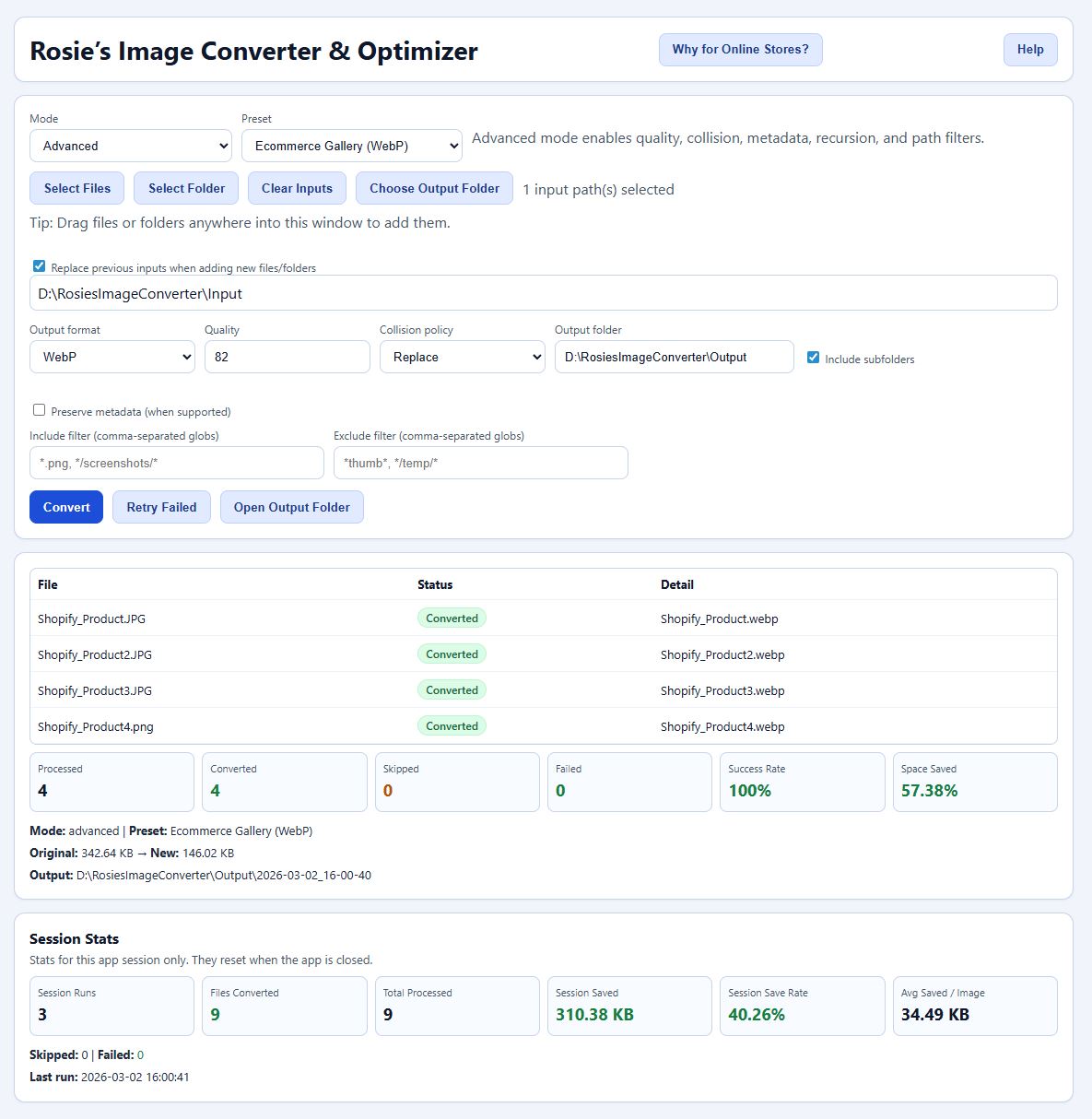 Rosie's Image Converter & Optimizer software interface with file conversion details.