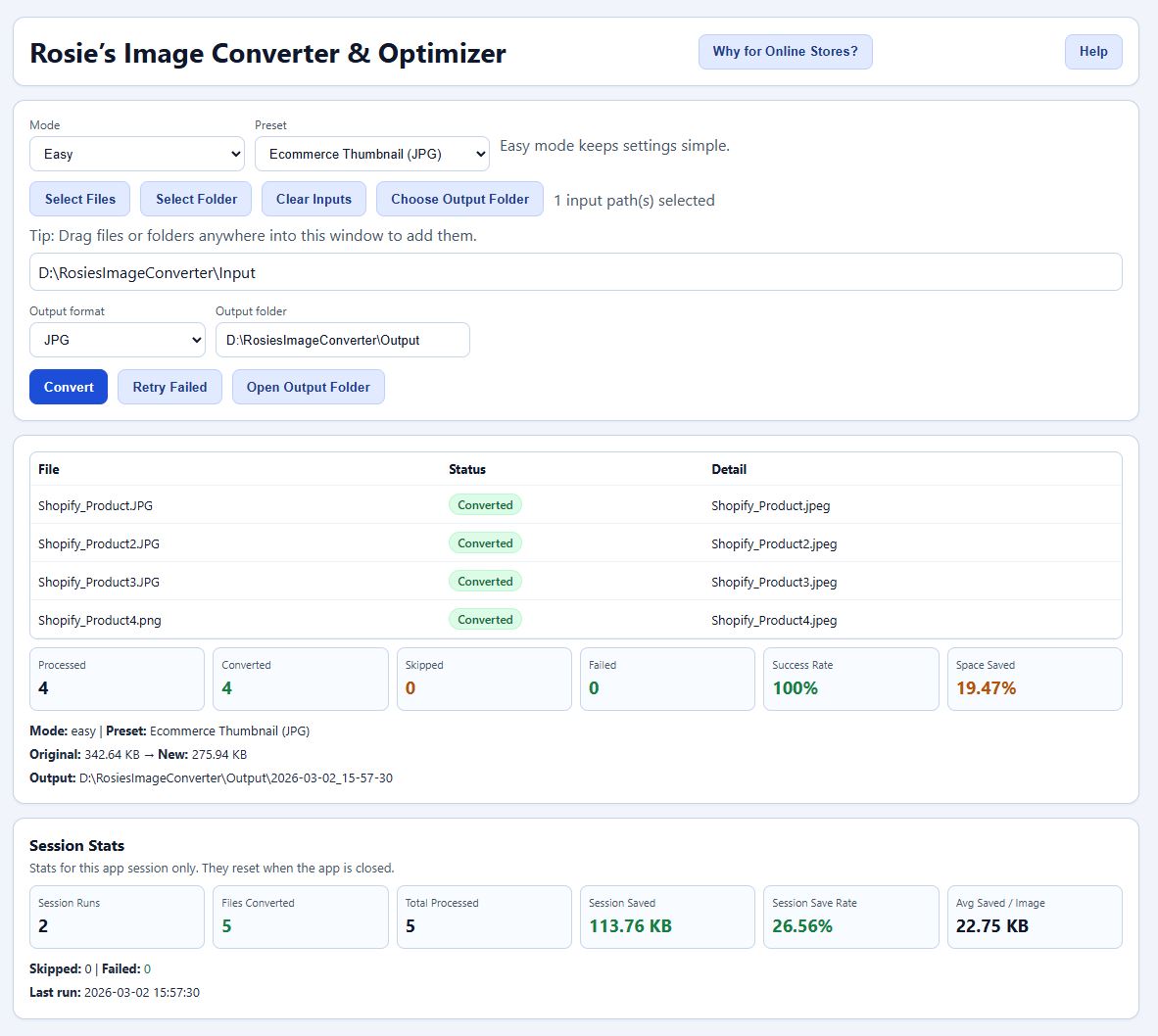 Rosie's Image Converter & Optimizer software interface with file conversion details.