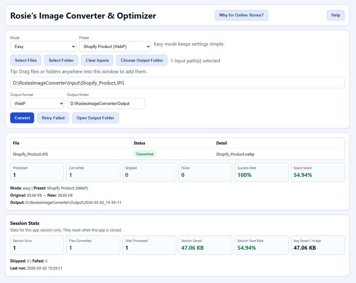 Rosie's Image Converter & Optimizer software interface with file conversion details.