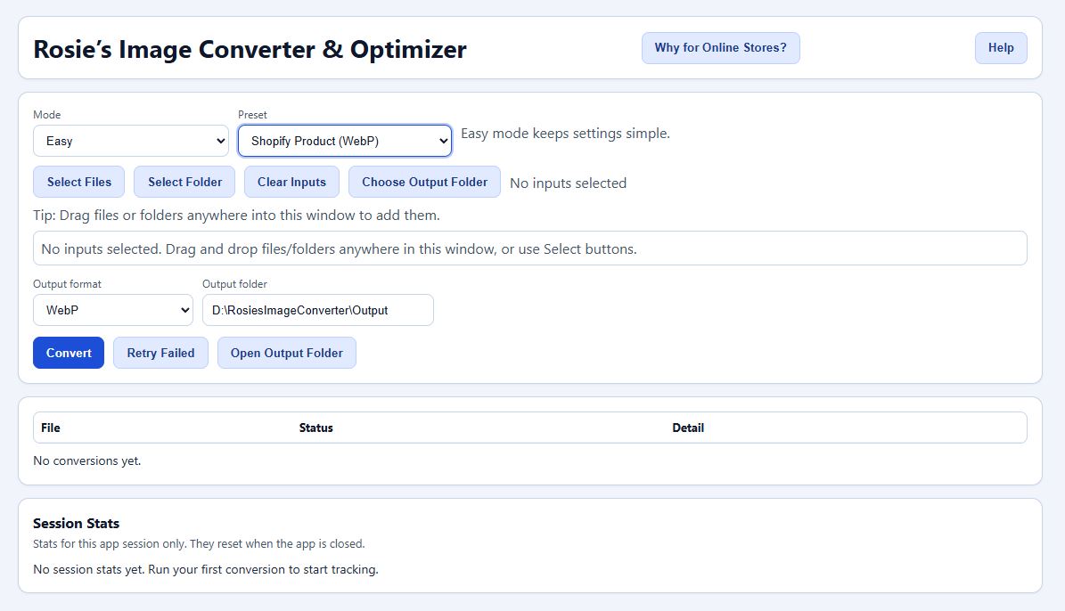Rosie's Image Converter & Optimizer software interface with input and output settings.