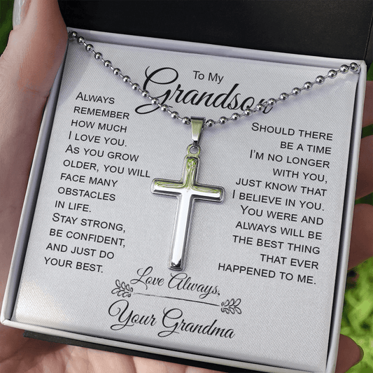 Gift For Grandson From Grandma, Artisan Crafted Cross Necklace: Always Remember How Much I Love You...