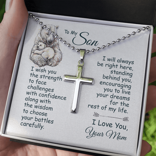 Gift For Son From Mom, Artisan Crafted Cross Necklace: I will always be right here...