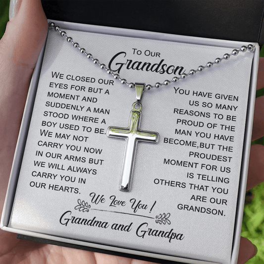 Gift For Grandson From Grandparents, Artisan Crafted Cross Necklace: We Closed Our Eyes For But A Moment...
