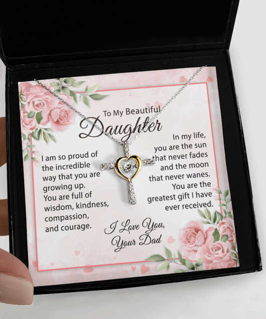 Gift For Daughter From Dad, Heart Cross Necklace: You Are The Sun That Never Fades...